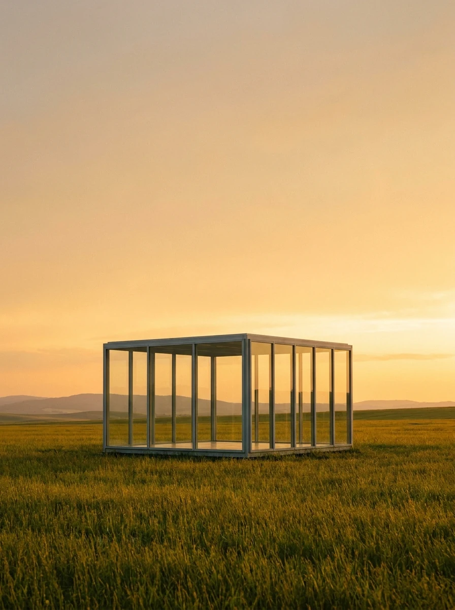 A pavilion in an open field at golden hour