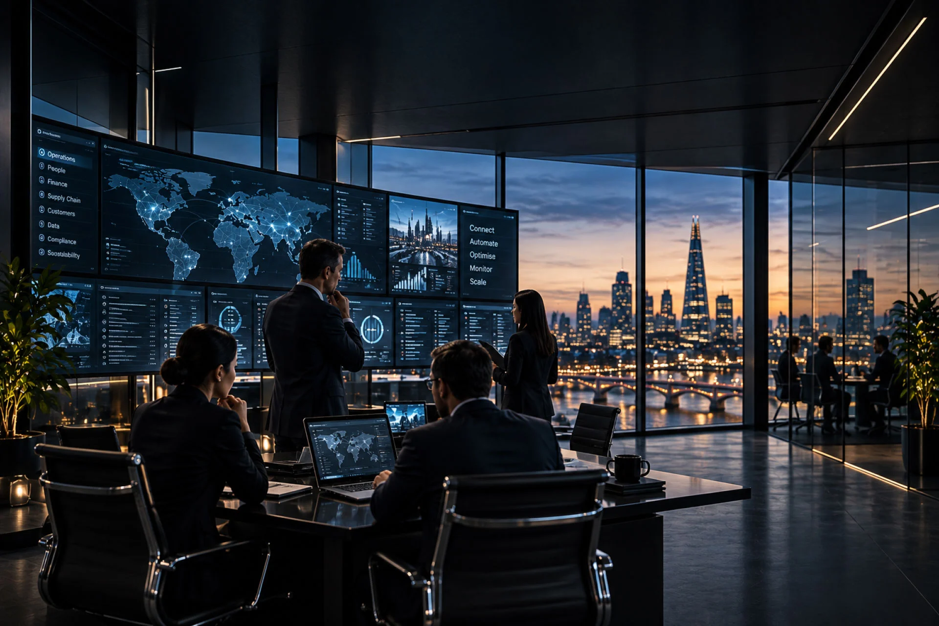 Enterprise team using connected AI systems and operational data within a modern business environment