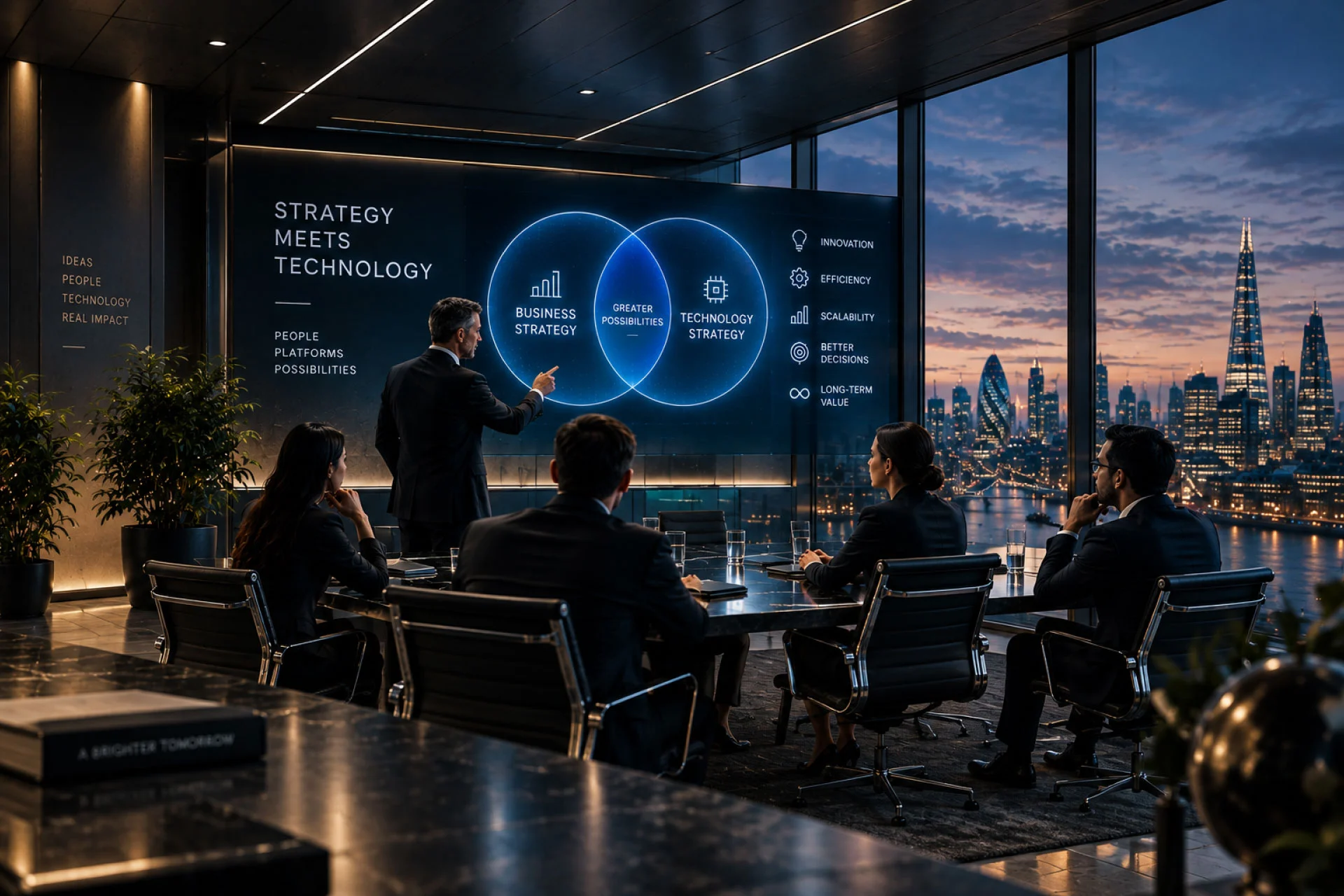 Executive team aligning business strategy with technology strategy in a modern enterprise environment