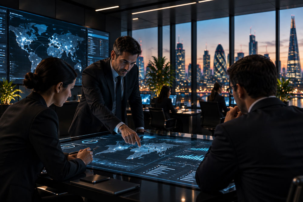 Enterprise team reviewing connected operational data and AI-supported information within a modern business environment