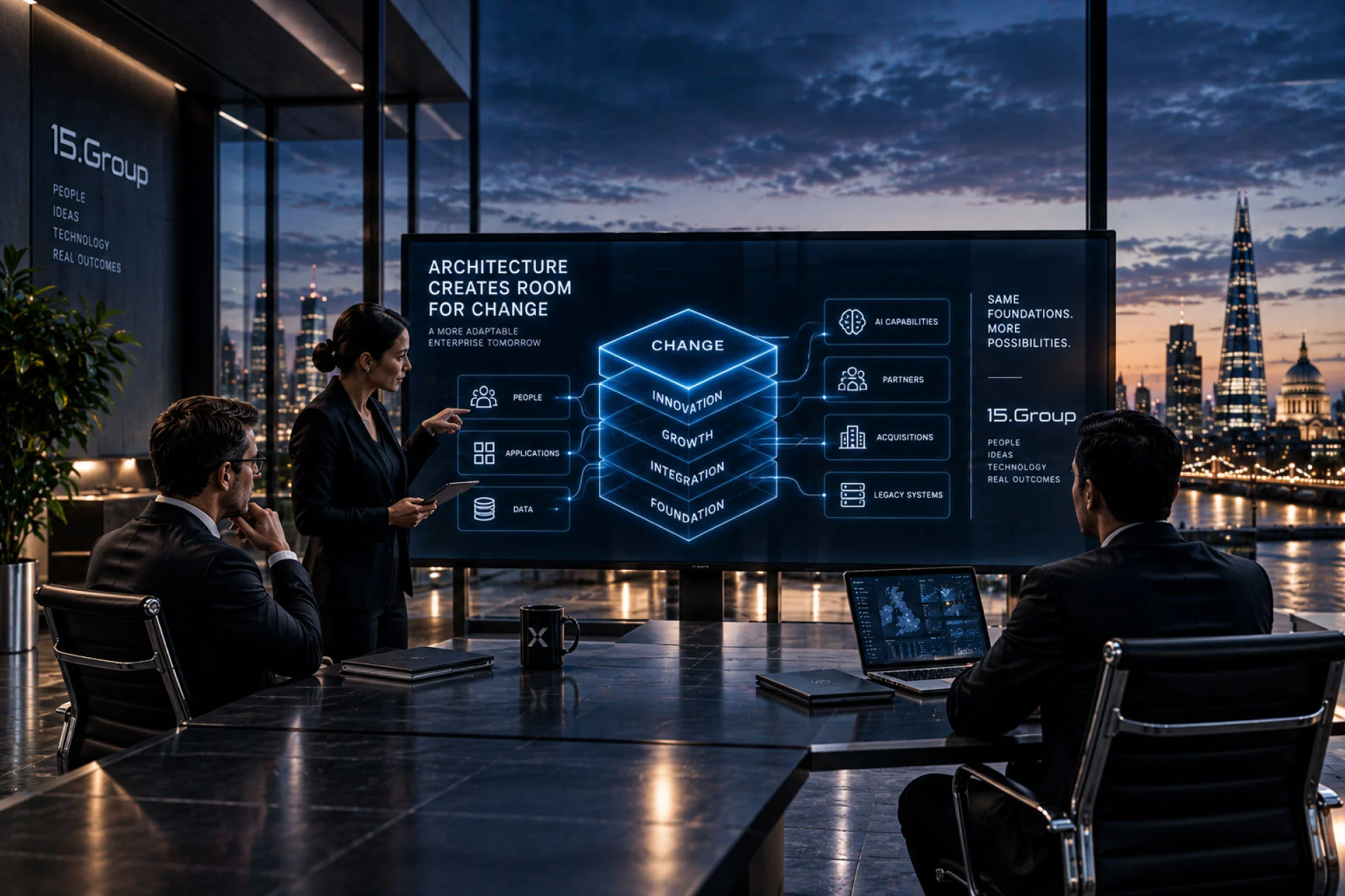 Enterprise leaders reviewing an adaptable technology architecture connecting people, applications, data and emerging capabilities