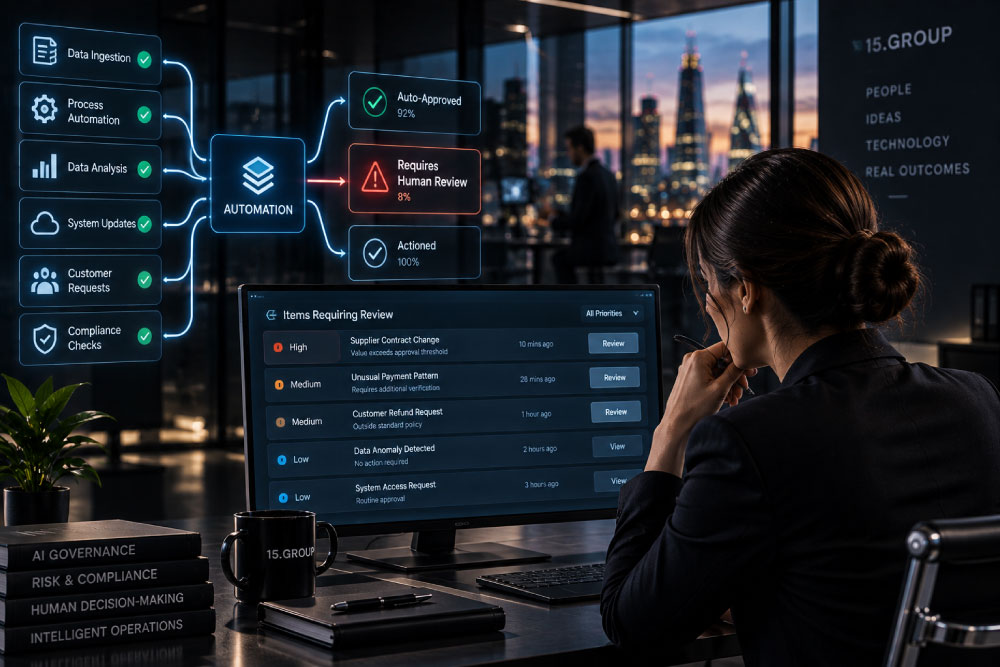 Automated enterprise workflow routing higher-risk actions to a professional for human review