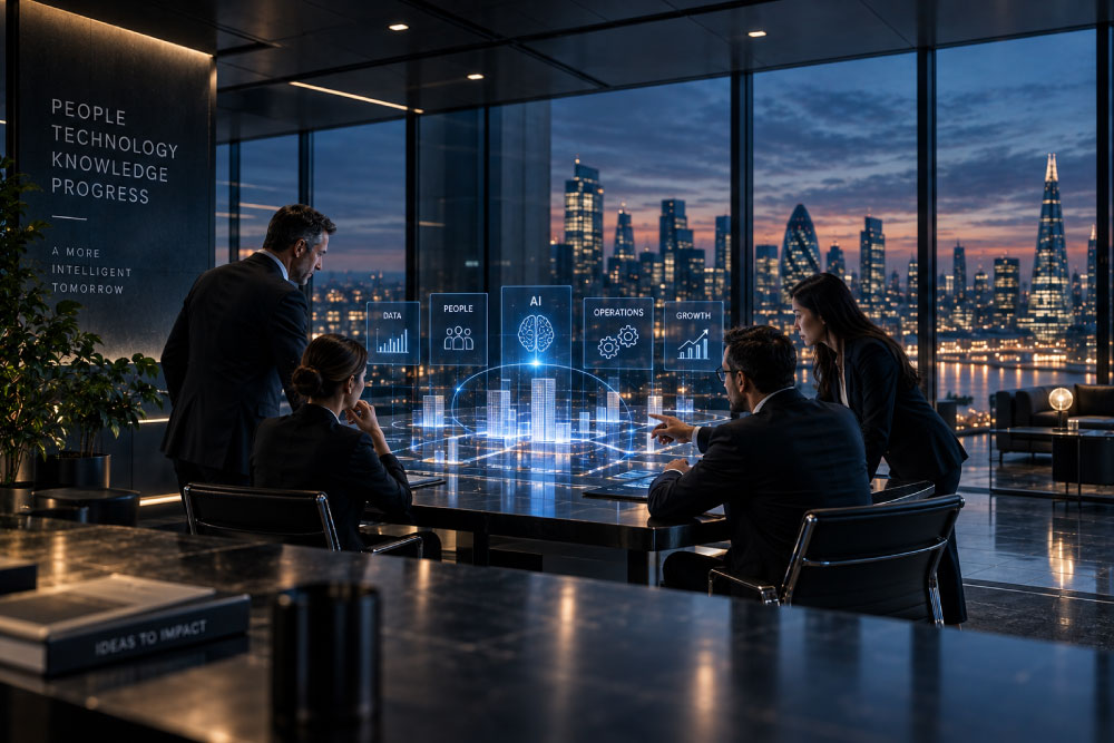 Enterprise team working with connected AI, operational information and intelligent business systems