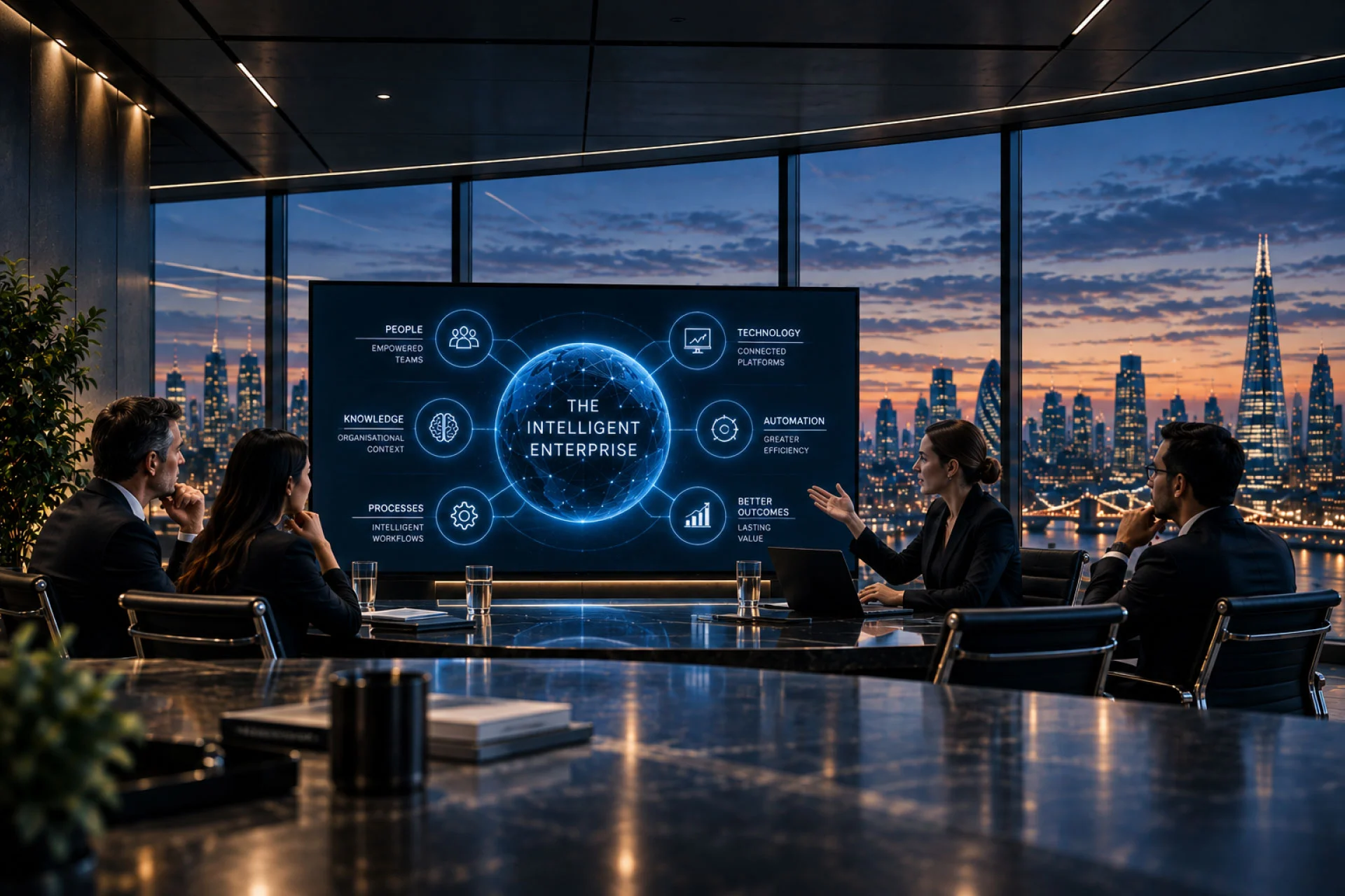 Enterprise leaders reviewing connected people, knowledge, technology, automation and intelligent business processes