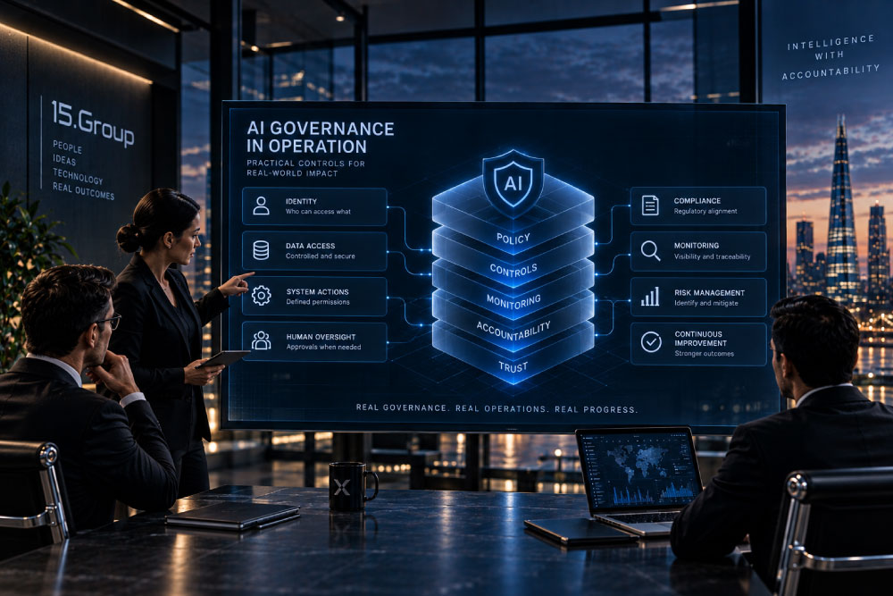 Enterprise team reviewing operational AI governance controls covering access, actions, oversight, monitoring and accountability