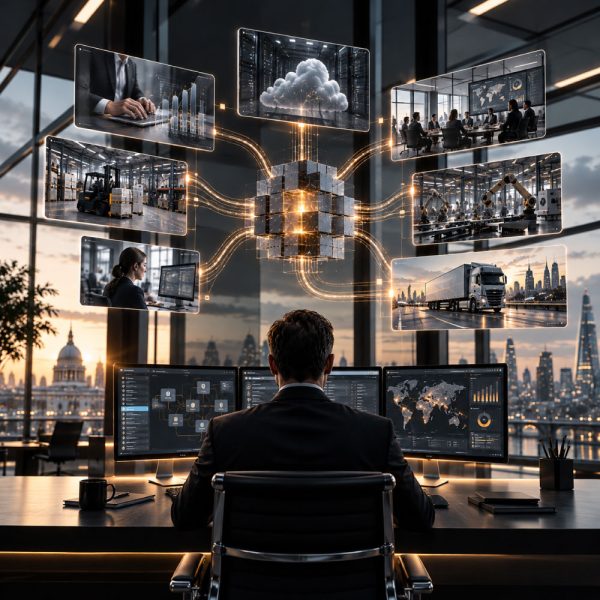 BRIDGE enterprise systems integration visualisation showing connected cloud infrastructure, manufacturing, logistics and business applications within a modern grey corporate environment.