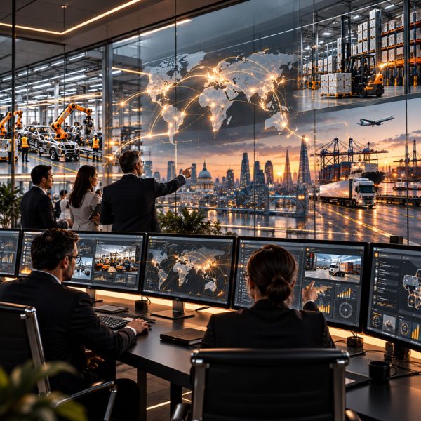 BRIDGE connected operational infrastructure showing enterprise professionals monitoring manufacturing, warehousing, global logistics and transport networks through integrated digital systems.