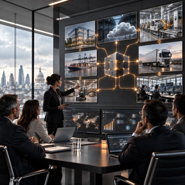 BRIDGE enterprise integration visualisation showing business professionals reviewing connected manufacturing, logistics, cloud infrastructure and operational systems in a modern corporate boardroom.