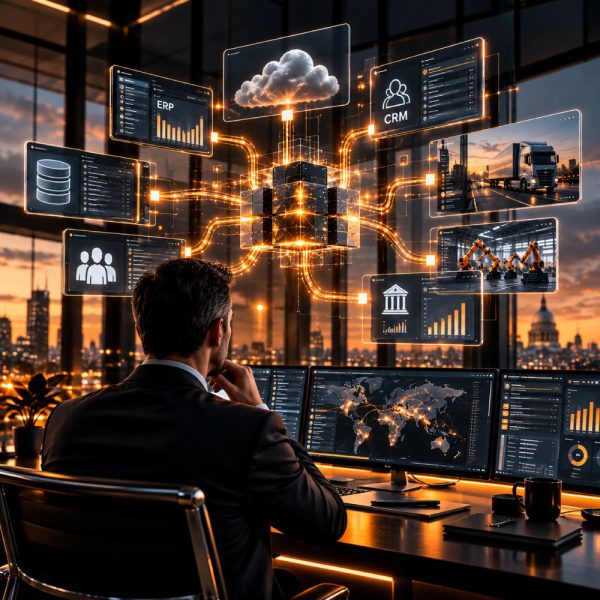 BRIDGE enterprise application connectivity showing integrated ERP, CRM, cloud infrastructure, databases, logistics and manufacturing systems connected through a central digital platform.