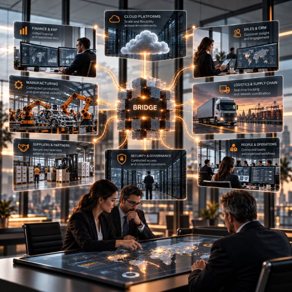 BRIDGE enterprise integration framework connecting cloud platforms, ERP, CRM, manufacturing, logistics, security and workforce operations through a central digital integration hub.