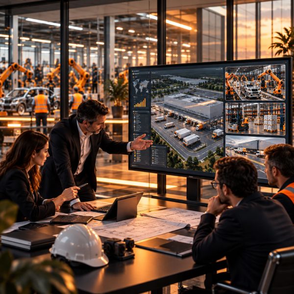 BRIDGE operational technology integration showing enterprise professionals reviewing manufacturing systems, industrial automation and logistics infrastructure through connected digital monitoring interfaces.