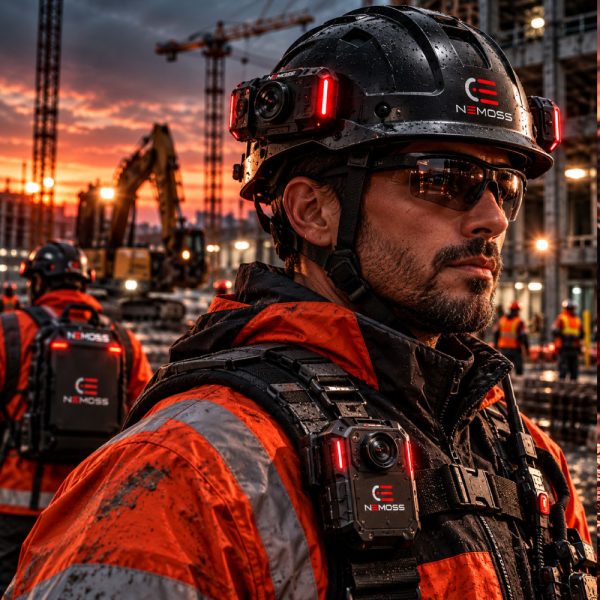 Construction professional wearing a black NEMOSS smart safety helmet with integrated cameras, protective glasses and a rugged body camera at an active construction site.