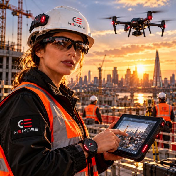 Female construction engineer wearing NEMOSS smart glasses, a connected safety helmet and rugged smartwatch while operating a tablet, with a drone monitoring the construction site.