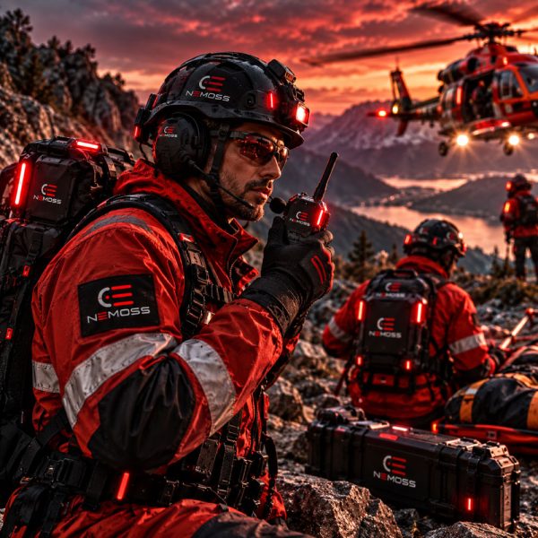 Mountain rescue professional wearing a black NEMOSS smart helmet, communications headset and connected equipment during a helicopter emergency response operation.