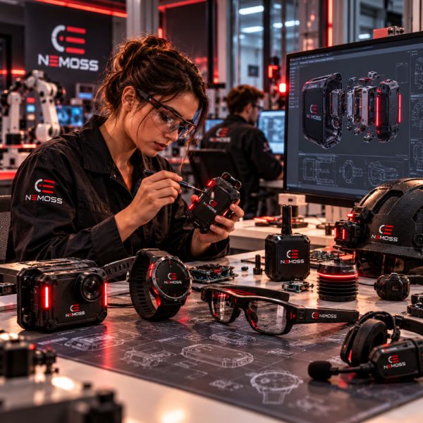 NEMOSS hardware engineer examining a wearable device prototype in a research and development laboratory surrounded by smart glasses, cameras, sensors, a black safety helmet and technical design displays.