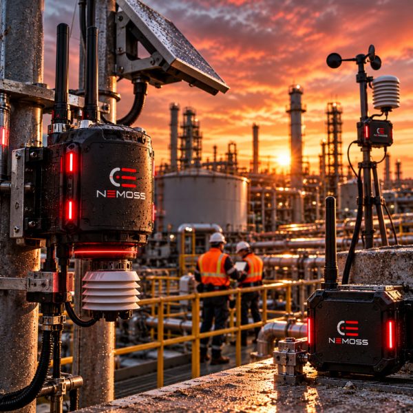 NEMOSS intelligent environmental monitoring sensors and wireless IoT devices installed at an industrial processing facility, featuring rugged black enclosures, antennas and red status lights.