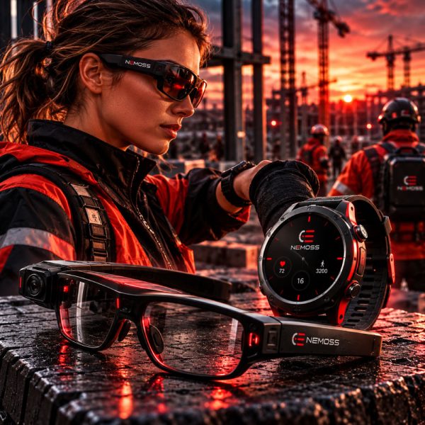 NEMOSS intelligent wearable technology featuring branded smart glasses and a rugged smartwatch alongside a construction professional at an industrial site.
