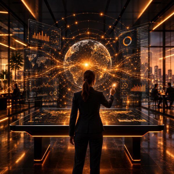 ZEYL AI enterprise connectivity visualisation showing interconnected business systems, digital dashboards and a central intelligence interface.