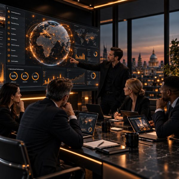 ZEYL AI human oversight visualisation showing enterprise executives reviewing operational intelligence, performance dashboards and connected business systems.