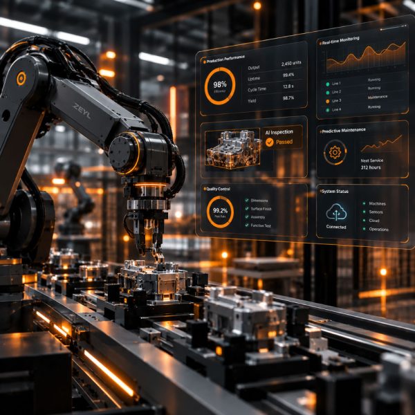 ZEYL AI intelligent automation visualisation featuring industrial robotic machinery, automated manufacturing processes and digital performance monitoring interfaces.