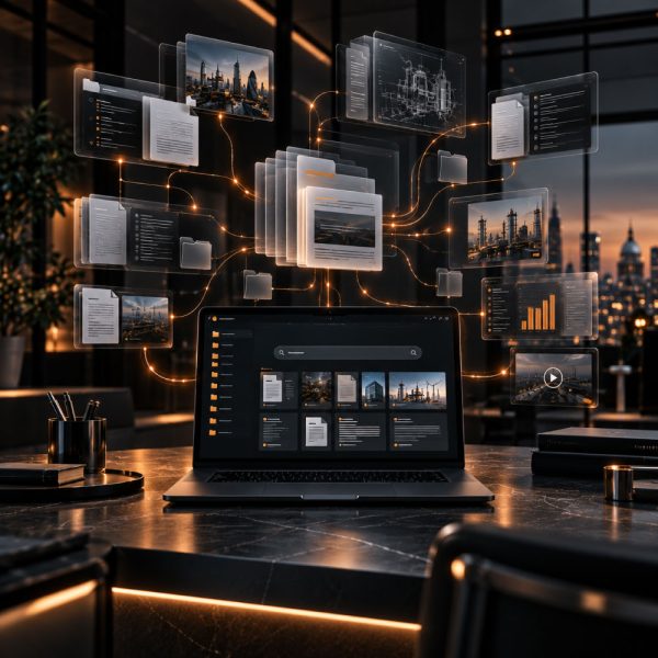 ZEYL AI enterprise knowledge integration platform showing connected documents, digital records and information discovery interfaces in a dark grey environment.