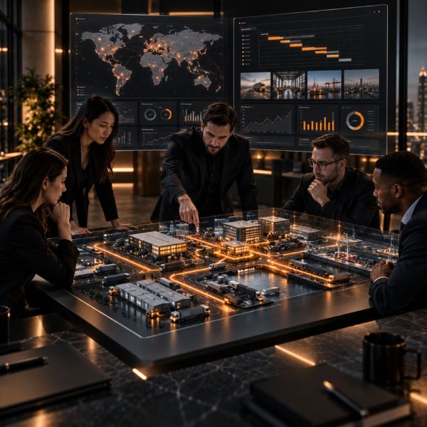 ZEYL AI workflow orchestration visualisation showing enterprise professionals coordinating logistics, business processes and operational systems through connected digital technology.